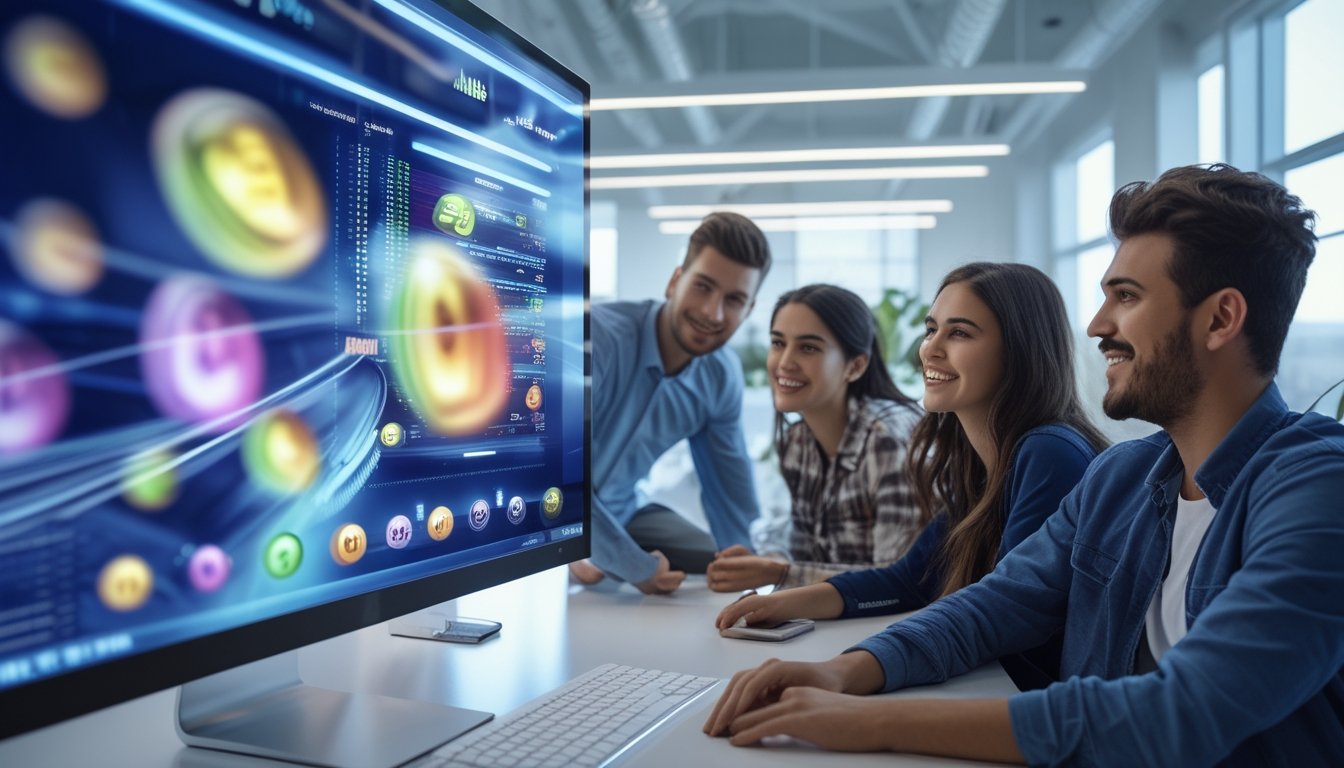 Orang-orang yang fokus melihat layar komputer besar menampilkan animasi undian cepat dengan bola lotre berwarna-warni di sebuah kantor modern.