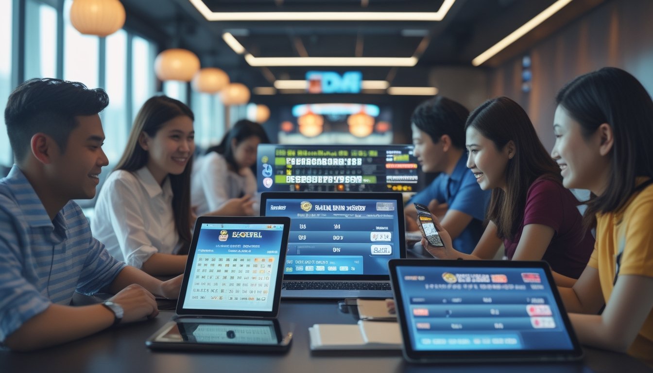 Orang-orang menggunakan perangkat digital untuk bermain togel online dengan fitur live draw tercepat.