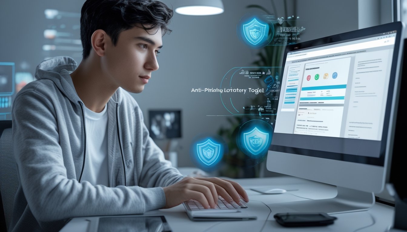 Seseorang duduk di meja dengan laptop dan ponsel, fokus menggunakan perangkat digital untuk menghindari tautan phishing saat mencari situs togel online.