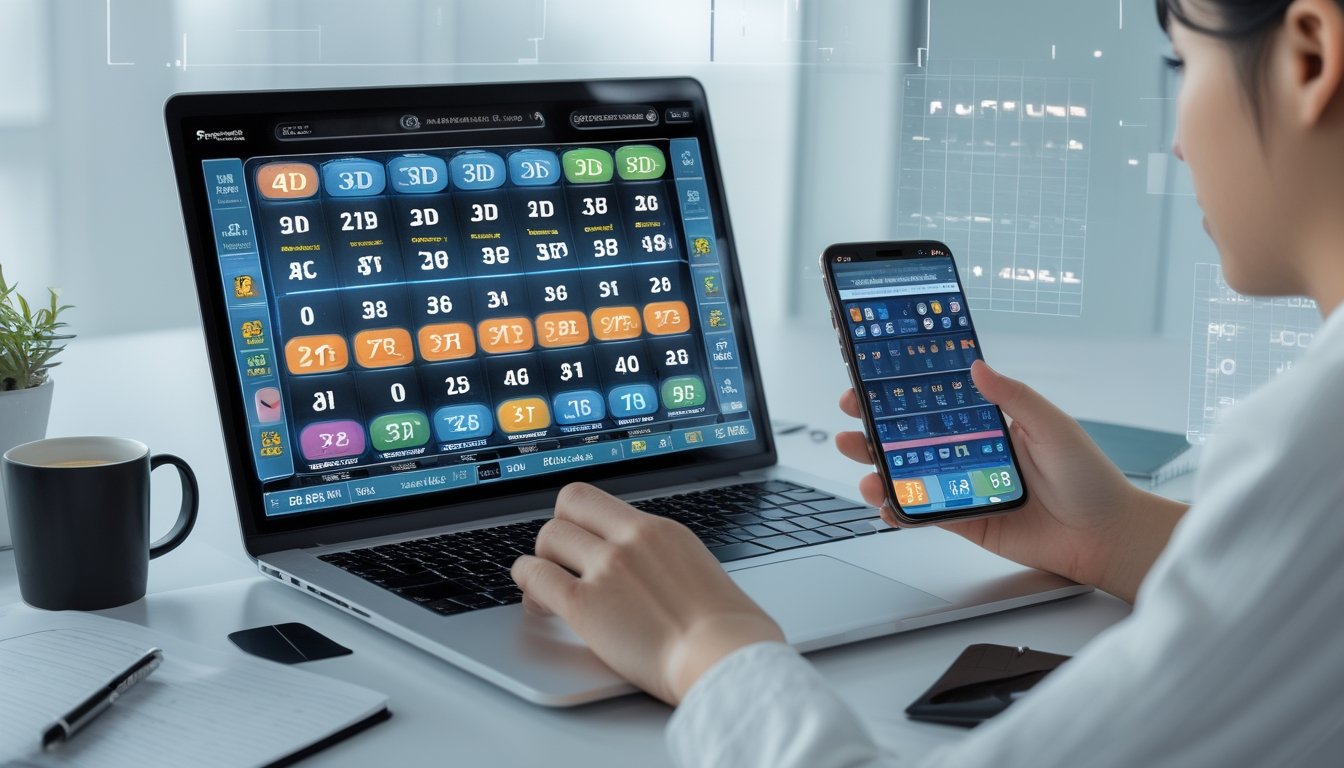 Seorang pemula bermain togel online menggunakan laptop dan ponsel di meja kerja yang rapi dengan latar belakang terang.