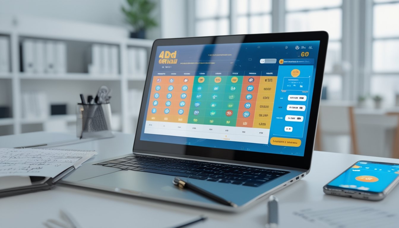 Seorang pria duduk di depan laptop dengan tampilan antarmuka permainan togel online, dikelilingi oleh buku catatan dan ponsel di meja kerja yang rapi.
