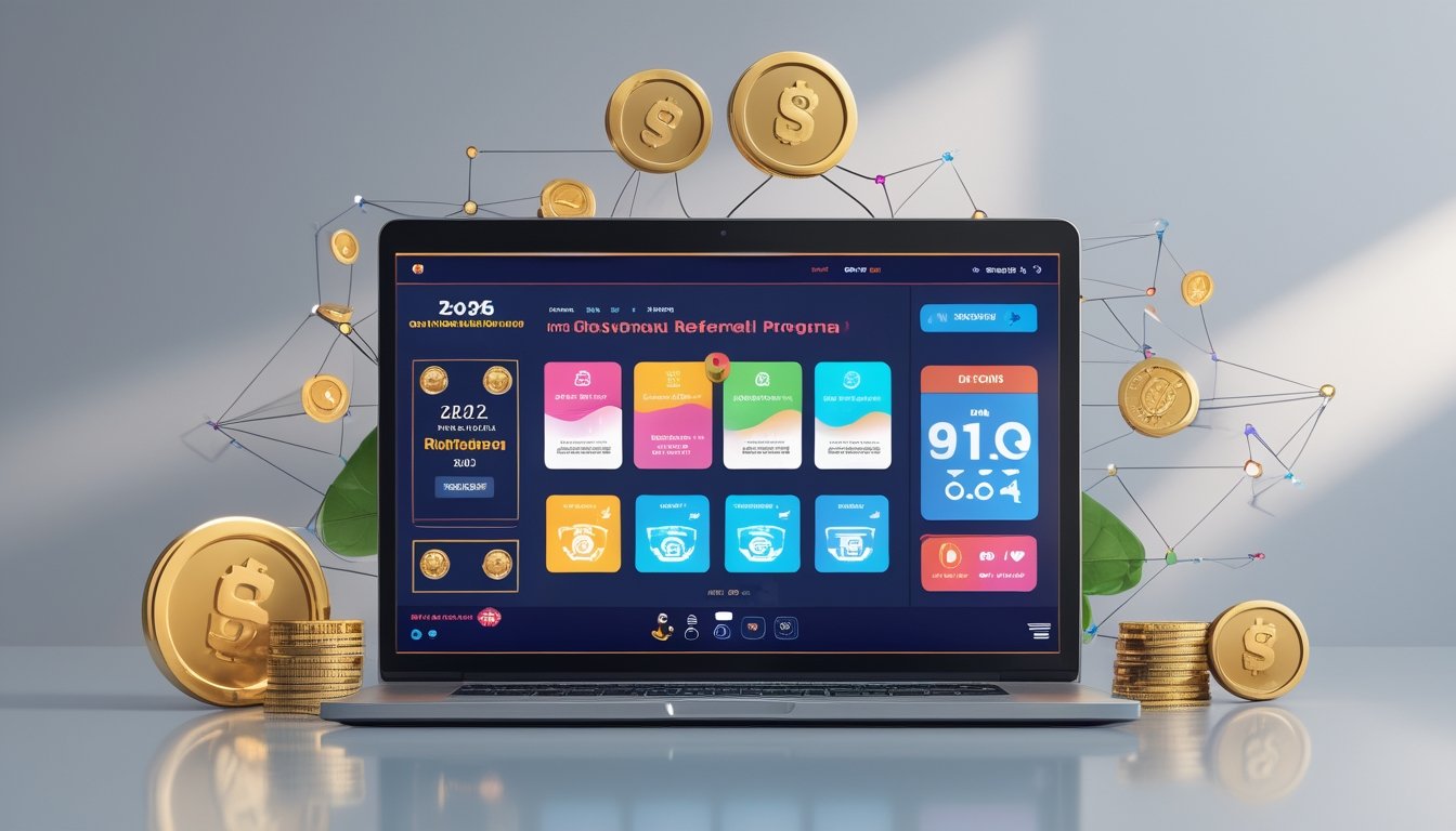 Meja kerja modern dengan laptop yang menampilkan dashboard digital terkait bonus dan promo referral situs togel online resmi Indonesia tahun 2026.