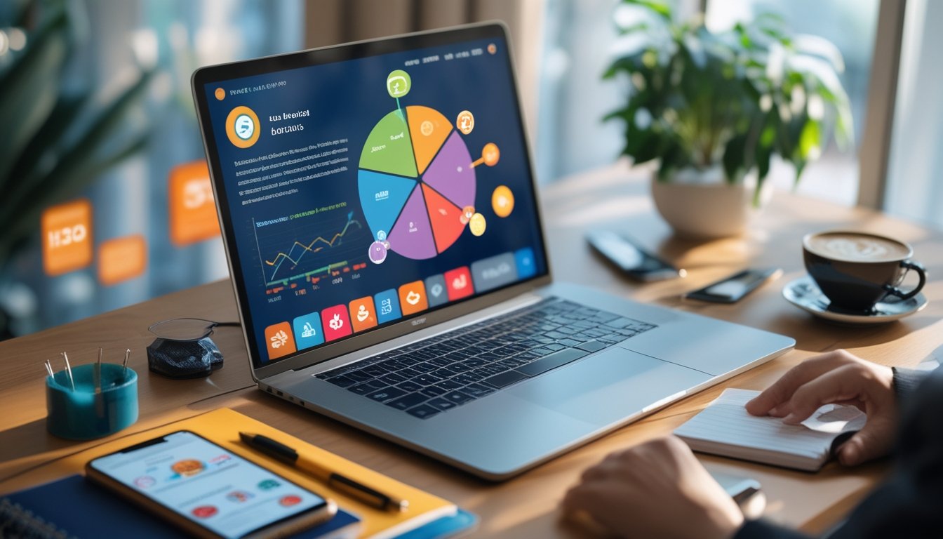 Meja kerja dengan laptop yang menampilkan dashboard digital berisi ikon bonus dan referensi, dikelilingi oleh ponsel, cangkir kopi, dan buku catatan.