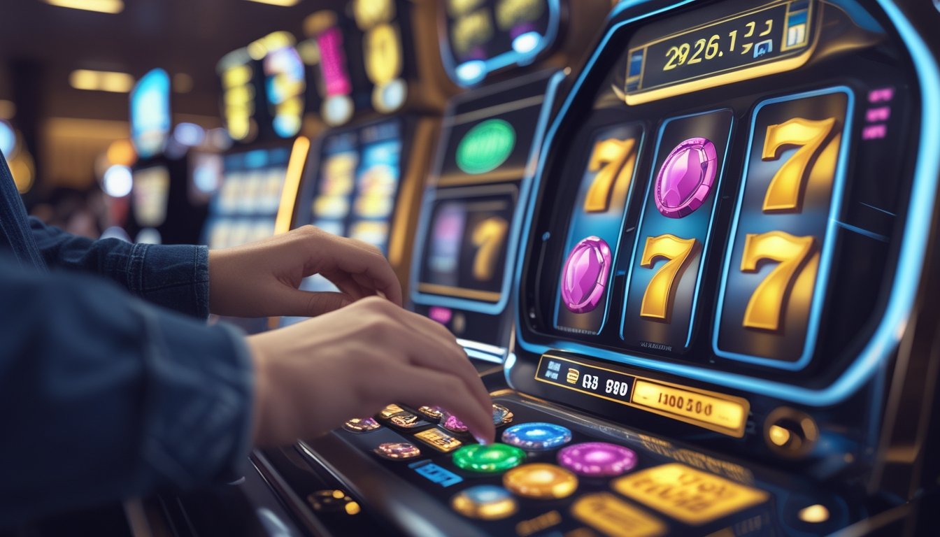 Tangan seseorang sedang bermain mesin slot digital dengan latar belakang kasino modern yang terang dan penuh warna.