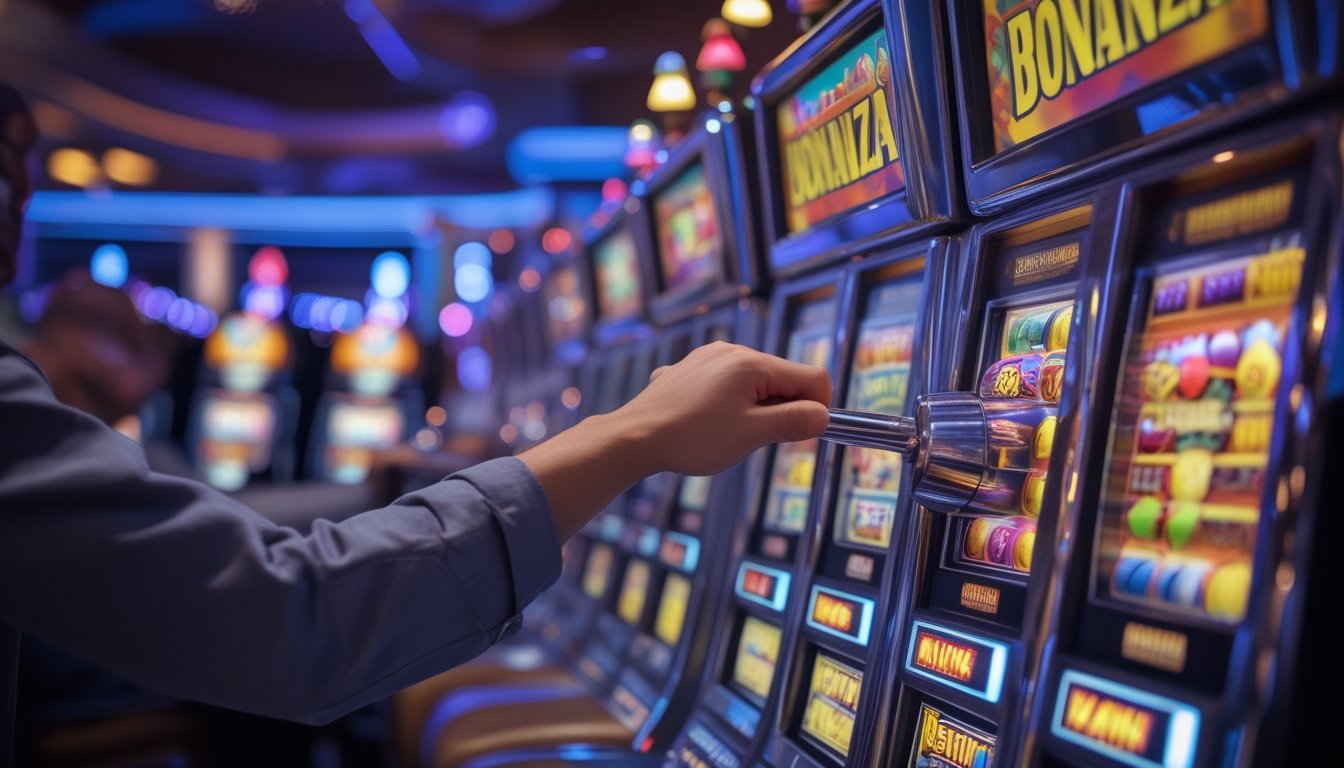 Seorang pemain menarik tuas mesin slot Bonanza yang berwarna cerah di dalam kasino dengan mesin slot lain dan suasana kasino yang hidup di latar belakang.