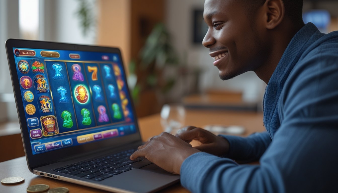 Seseorang yang sedang bermain permainan slot online di laptop dengan beberapa koin di meja, terlihat fokus dan bersemangat di dalam ruangan yang nyaman.