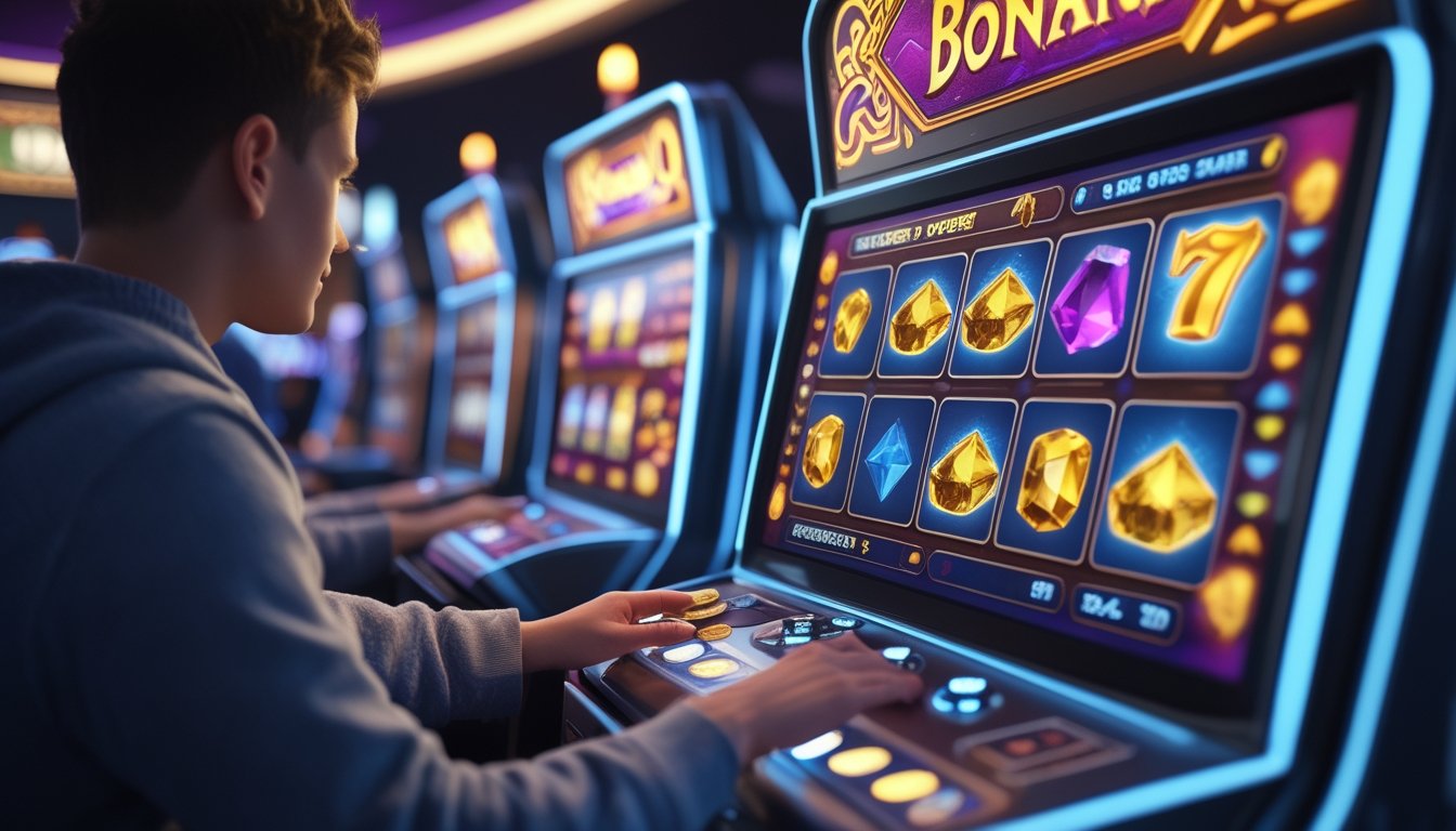 Seorang pemain pemula memasukkan koin kecil ke mesin slot Bonanza di lingkungan kasino yang modern dan terang.