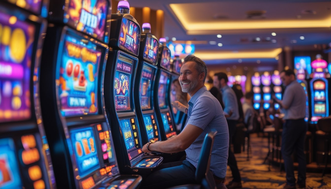 Suasana kasino modern dengan deretan mesin slot yang menyala terang dan orang-orang bermain dengan ekspresi antusias.