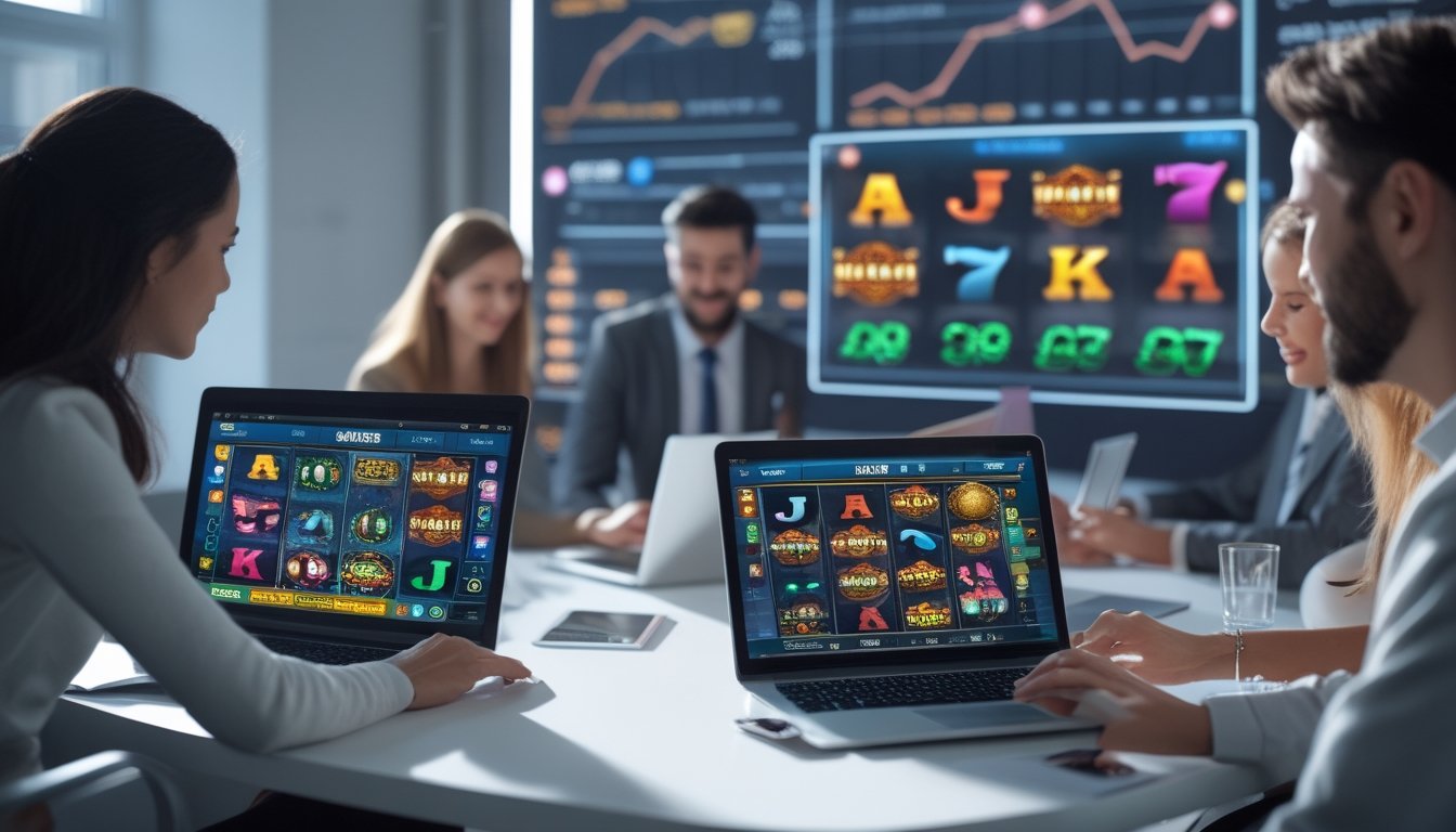 Beberapa orang menggunakan laptop dan ponsel dengan tampilan permainan slot online di lingkungan kerja modern.