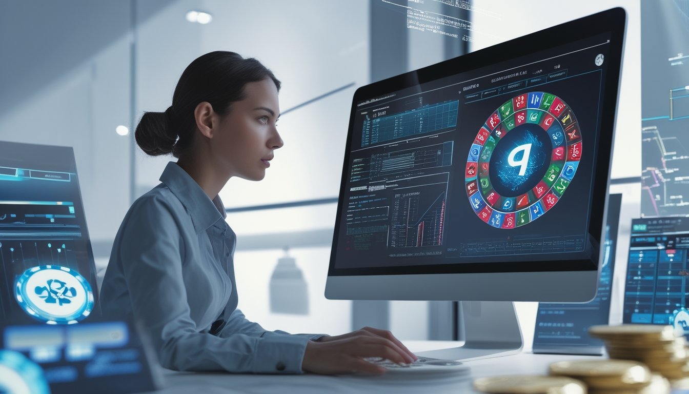 Seorang profesional sedang menganalisis data algoritma mesin slot online di depan komputer dengan tampilan grafik dan kode.
