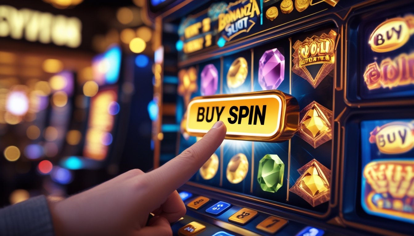 Tangan menekan tombol pada mesin slot berwarna cerah dengan gambar emas dan permata yang berputar, menunjukkan fitur Buy Spin untuk mempercepat kemenangan besar.