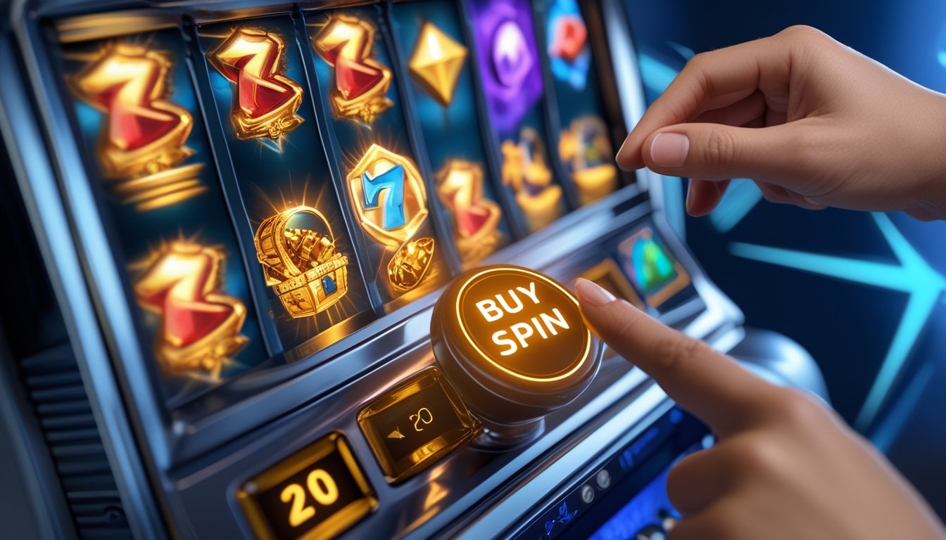 Tangan menekan tombol 'Buy Spin' pada mesin slot Bonanza dengan gulungan warna-warni dan simbol harta karun yang berputar cepat.