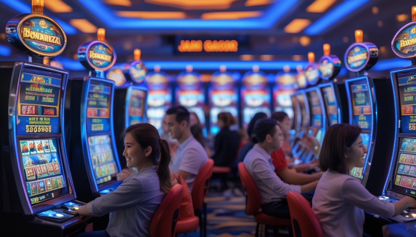 Orang-orang bermain mesin slot Bonanza di kasino dengan suasana cerah dan penuh semangat, menampilkan layar mesin slot yang berwarna-warni dan jam digital di latar belakang.