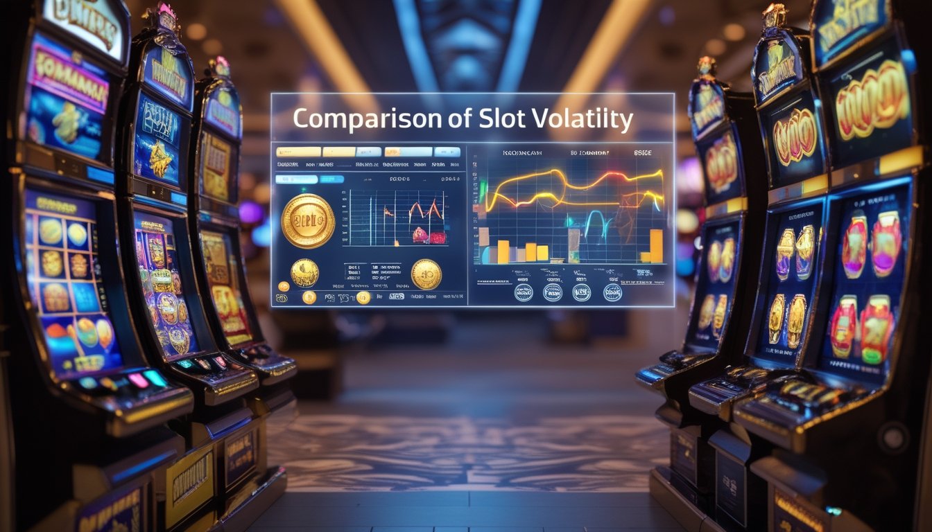 Dua mesin slot digital berdampingan di lantai kasino dengan panel grafik transparan di antaranya yang menunjukkan volatilitas volatilitas permainan slot.