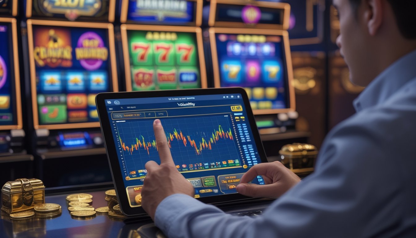 Seorang pemain di kasino modern sedang menganalisis data permainan slot dengan mesin slot berwarna-warni di latar belakang.
