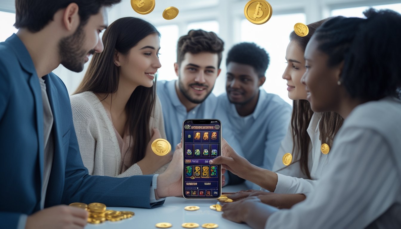Beberapa orang muda menggunakan ponsel pintar untuk melakukan deposit permainan slot melalui aplikasi e-wallet di ruangan yang terang.