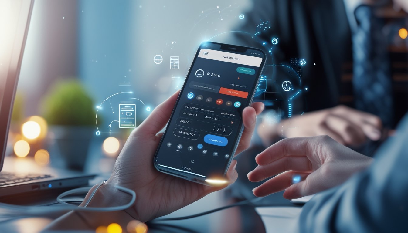 Seseorang memegang smartphone dengan aplikasi e-wallet terbuka, menunjukkan transaksi deposit online di lingkungan kerja yang bersih dan terang.