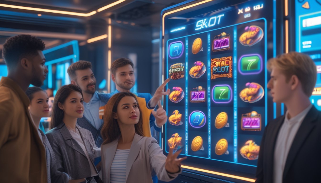 Sekelompok orang muda sedang bermain mesin slot digital di ruangan modern dengan layar besar menampilkan grafis mesin slot berwarna cerah.