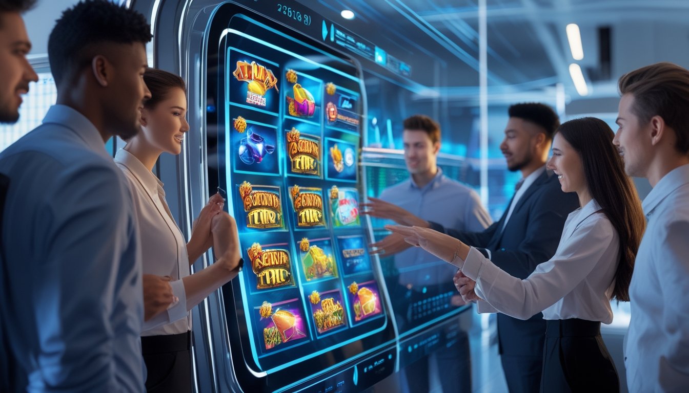 Sekelompok orang muda menggunakan layar sentuh besar dengan ikon permainan slot berwarna cerah dan elemen futuristik di latar belakang.