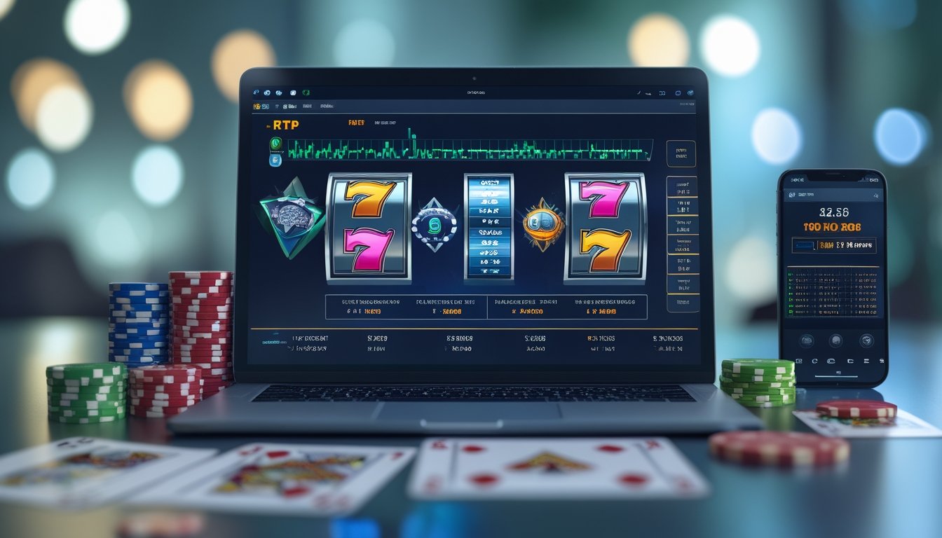 Meja kerja modern dengan laptop yang menampilkan grafik slot online dan statistik, termasuk chip poker dan kartu bermain.