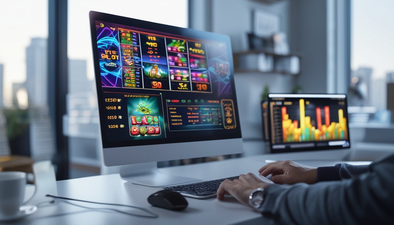 Seseorang sedang menggunakan komputer di meja kerja dengan layar menampilkan grafik dan gambar mesin slot online yang diperbarui secara langsung.