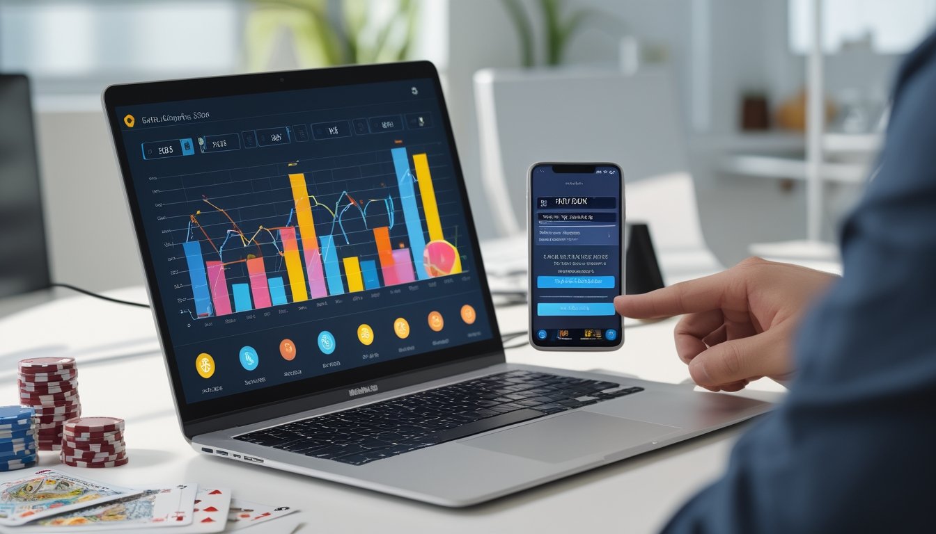 Seorang profesional bekerja di depan laptop dan smartphone yang menampilkan grafik dan data terkait slot RTP online dengan latar kantor yang rapi dan elemen kasino di meja.