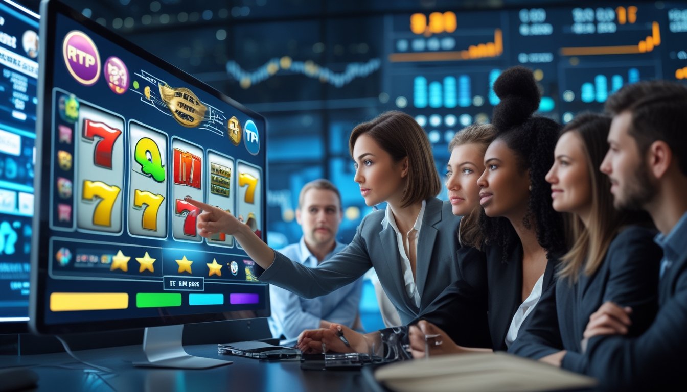 Sekelompok orang sedang berdiskusi di kantor modern dengan layar digital menampilkan grafik mesin slot dan data RTP tinggi.