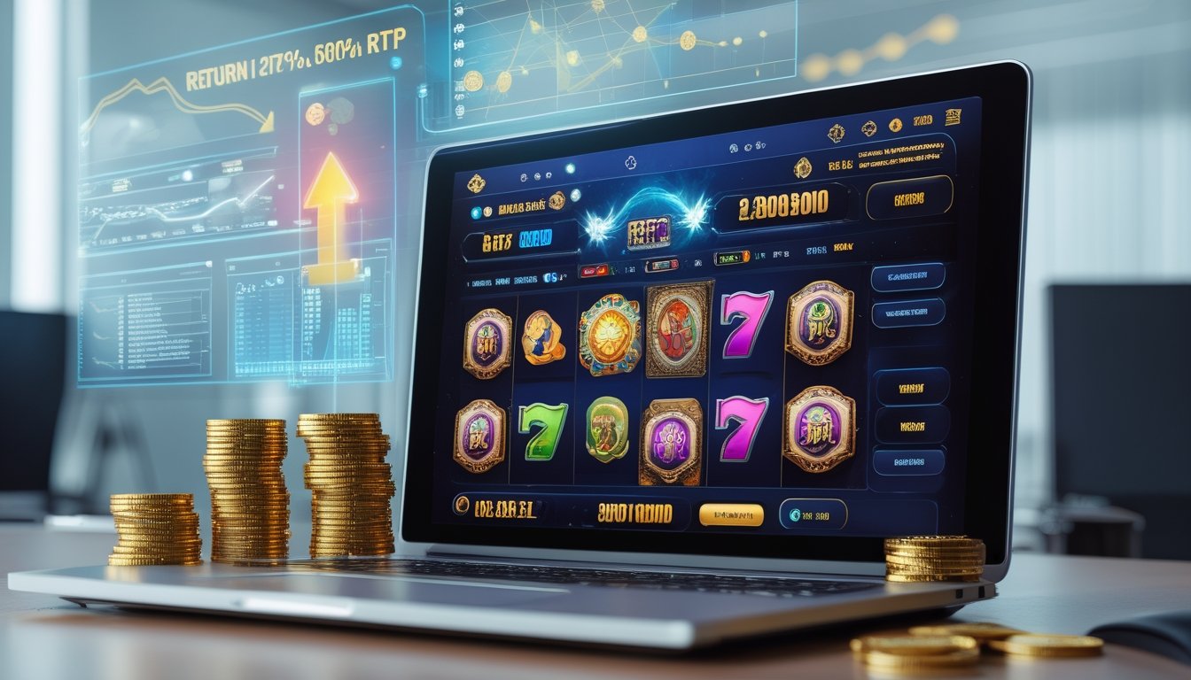 Seorang pria menggunakan laptop dengan layar menampilkan permainan slot online, dikelilingi oleh tumpukan koin emas dan chip poker, menunjukkan konsep kemenangan dan pengembalian tinggi.