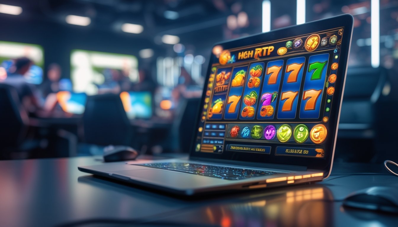 Suasana ruang bermain game online dengan layar komputer menampilkan permainan slot berwarna cerah dan simbol berputar.