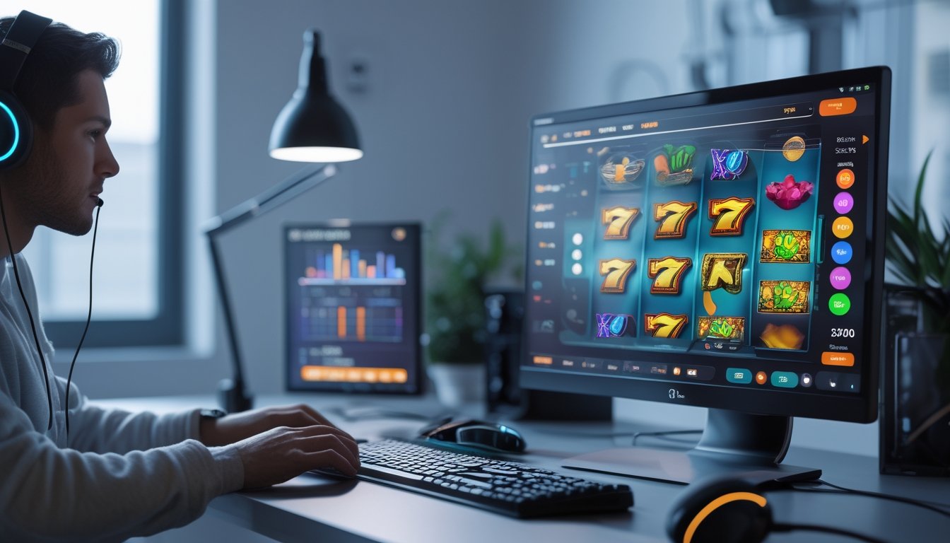 Sebuah ruang kerja modern dengan komputer menampilkan permainan slot online berwarna-warni dan grafik data di latar belakang.