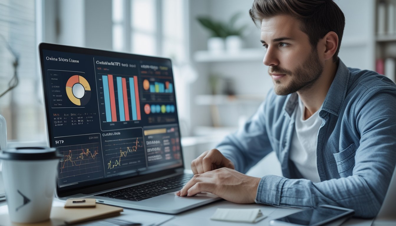 Seorang individu sedang fokus menggunakan laptop di ruang kerja rumah yang terang, menganalisis data permainan slot online dengan grafik dan angka di layar.