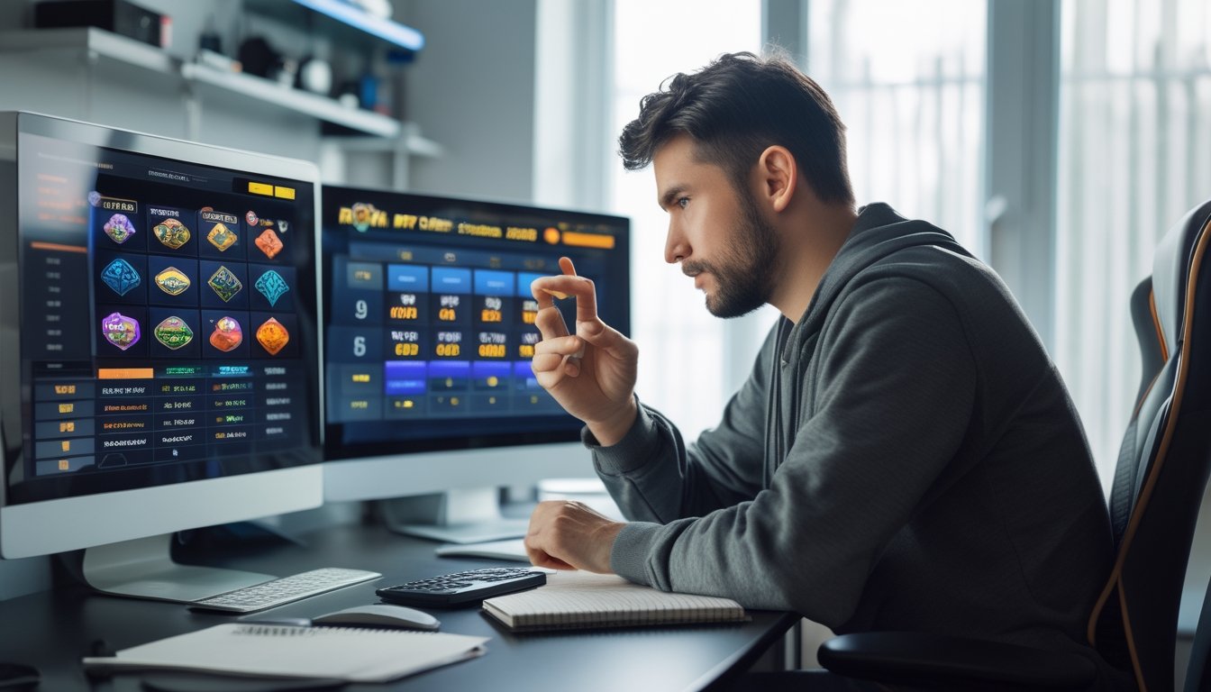 Seorang pria dewasa duduk di meja dengan beberapa layar komputer menampilkan permainan slot online, sedang menghitung dan mencatat data RTP.