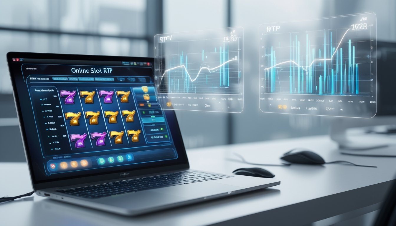 Seorang profesional bekerja di depan laptop dengan grafik mesin slot dan dua panel digital yang menunjukkan perbedaan RTP slot online real-time dan statis.