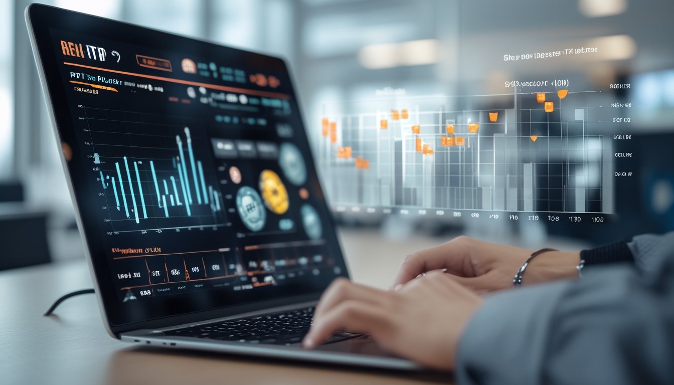 Layar komputer menampilkan grafik dan data statistik RTP slot online dengan latar kantor modern dan elemen permainan kasino.