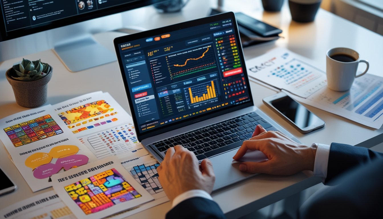 Meja kerja dengan laptop yang menampilkan grafik data RTP slot online, tangan menunjuk layar, dan beberapa lembar catatan pola permainan di sekitarnya.