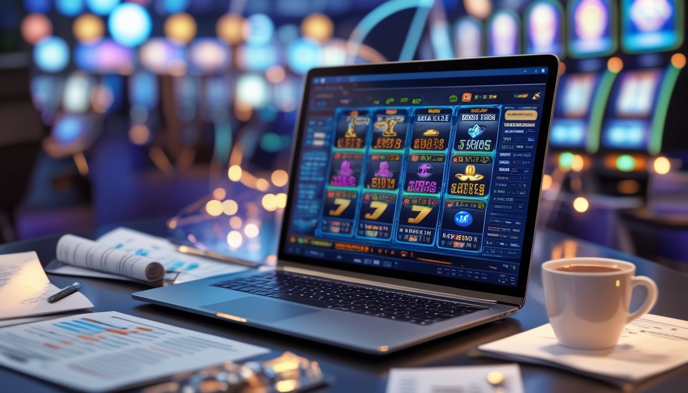 Meja kerja dengan laptop yang menampilkan grafik mesin slot dan data RTP, dikelilingi oleh dokumen dan secangkir kopi.
