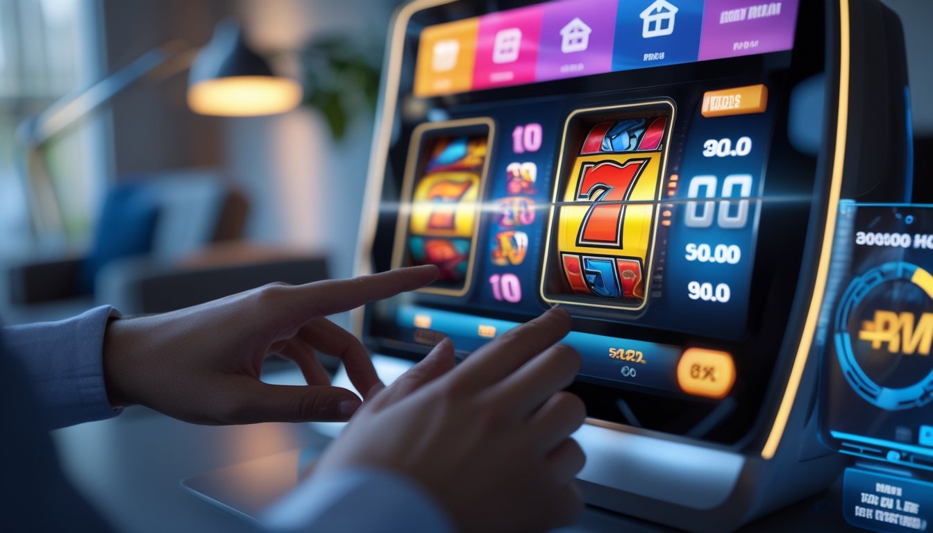 Tangan seseorang menggunakan perangkat layar sentuh yang menampilkan permainan slot online dengan latar belakang ruangan modern.