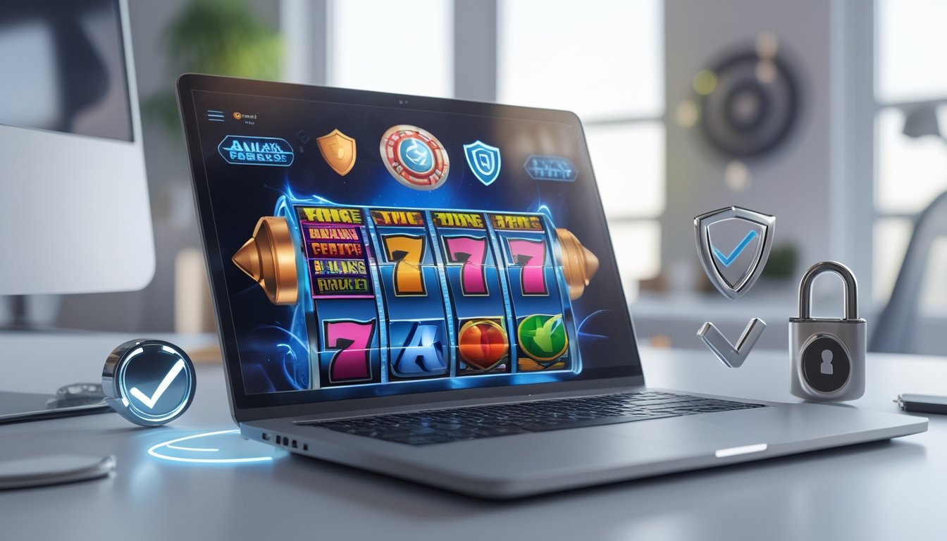 Seorang pengguna sedang melihat layar komputer dengan permainan slot online yang berwarna-warni, dikelilingi ikon keamanan seperti gembok dan perisai digital.