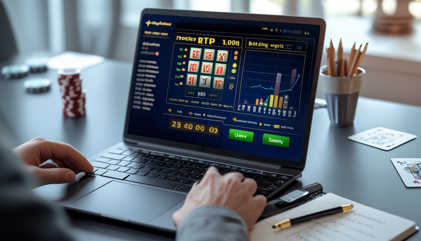 Seorang profesional sedang bekerja di meja dengan laptop yang menampilkan permainan slot online dan grafik RTP, dilengkapi dengan buku catatan dan alat tulis di sekitarnya.