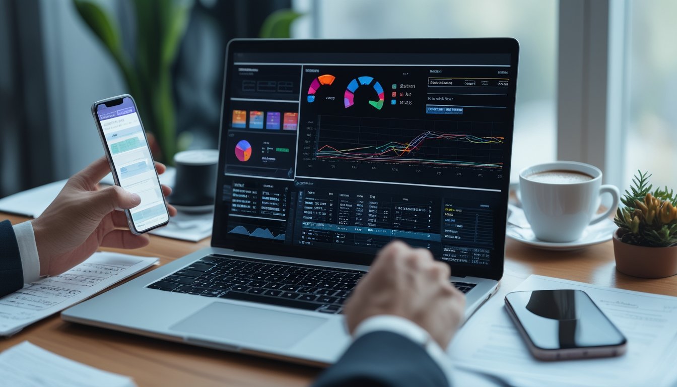 Meja kerja dengan laptop yang menampilkan grafik RTP slot online, ponsel, catatan, dan secangkir kopi dalam suasana yang tenang dan teratur.