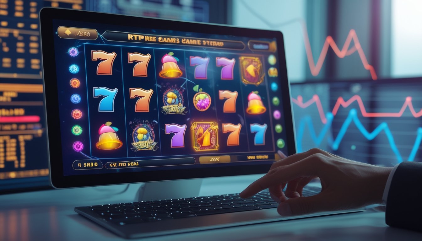 Seseorang menggunakan perangkat layar sentuh yang menampilkan mesin slot digital dengan simbol warna-warni dan grafik data volatilitas di latar belakang.
