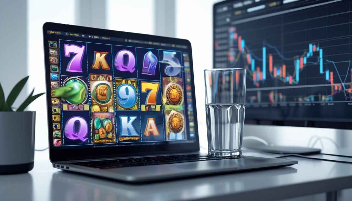 Sebuah komputer menampilkan permainan slot online dengan grafik warna-warni, dikelilingi oleh grafik keuangan di meja kerja yang rapi.