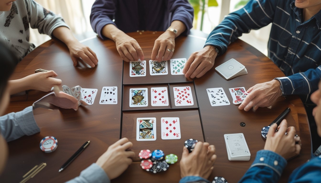 Tiga orang sedang bermain kartu Chinese Poker (Pusoy) di atas meja kayu dengan kartu tersusun rapi.