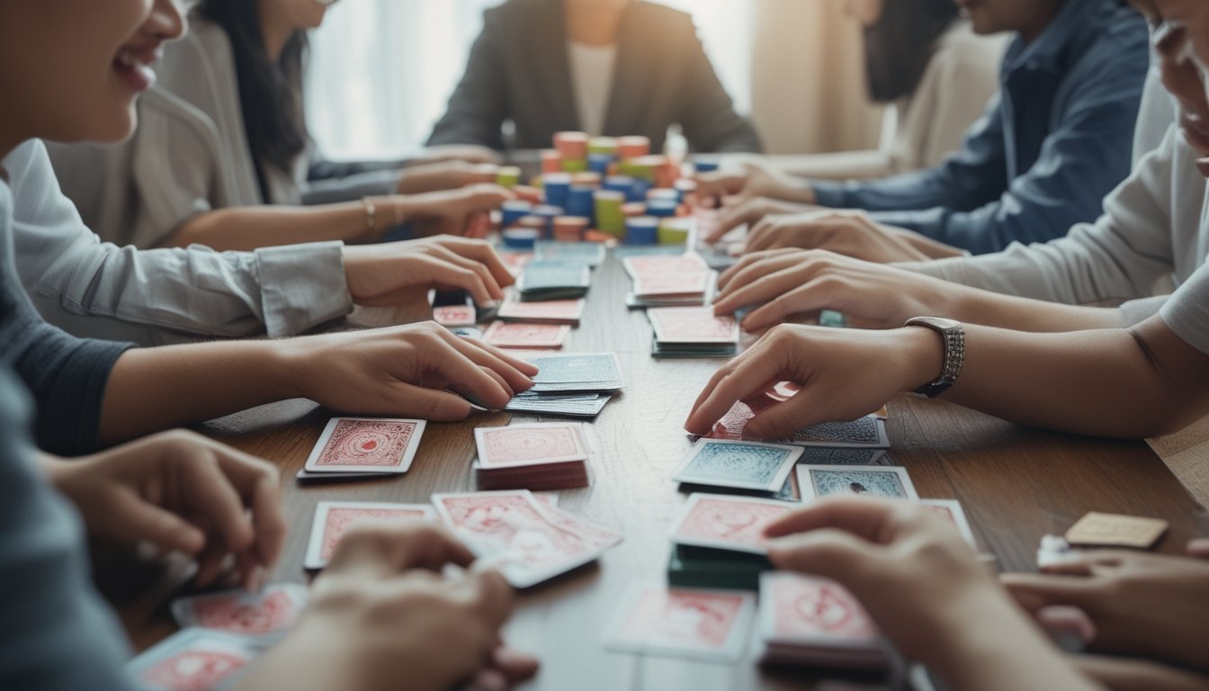 Beberapa orang sedang duduk mengelilingi meja bermain kartu Chinese Poker dengan kartu dan chip poker di atas meja.