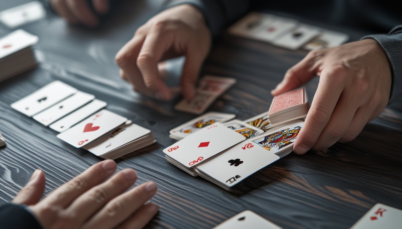 Tangan seseorang sedang menyusun 13 kartu poker Cina di atas meja kayu.