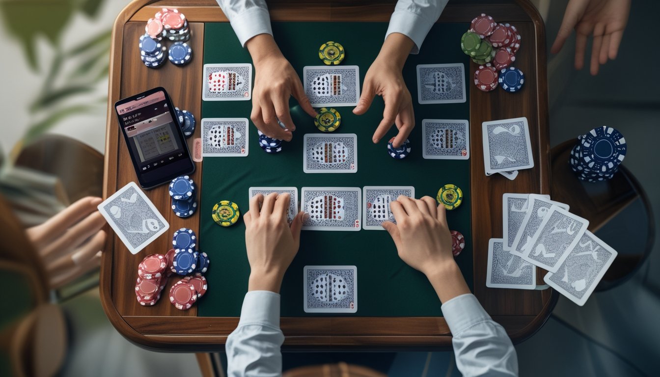 Pemandangan atas meja permainan Chinese Poker dengan kartu yang tersusun rapi dan tangan orang yang sedang menyusun kartu.