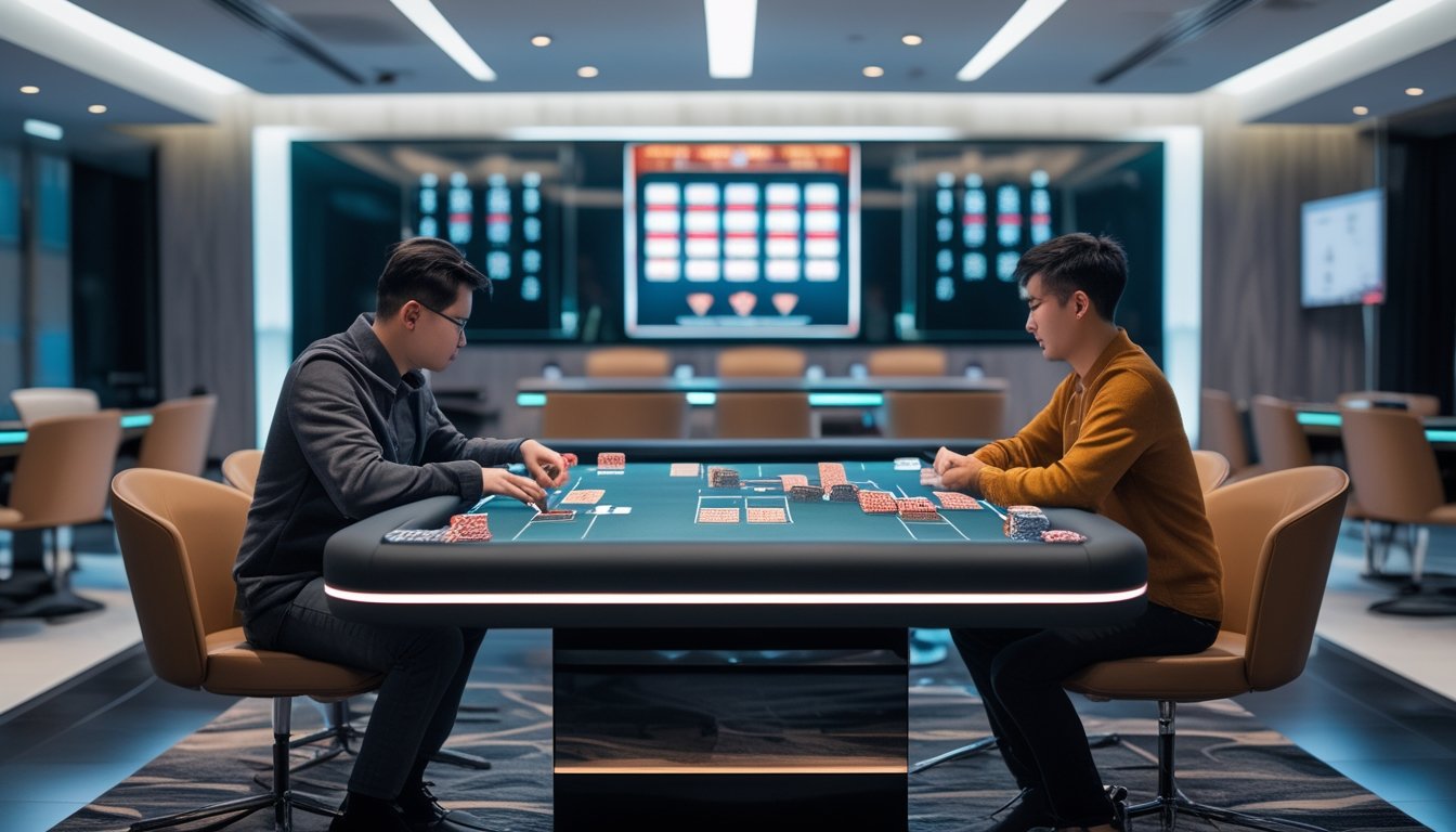 Dua pemain duduk berhadapan di meja poker modern, satu menata kartu terbuka dan satu lagi memegang kartu tertutup.