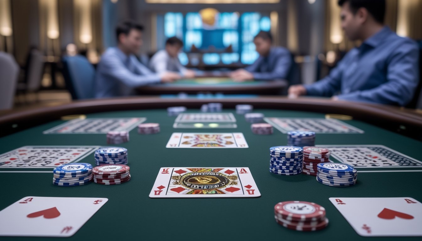 Meja permainan Chinese Poker dengan kartu dan chip yang tersusun rapi, menunjukkan dua gaya permainan berbeda di ruangan kasino.