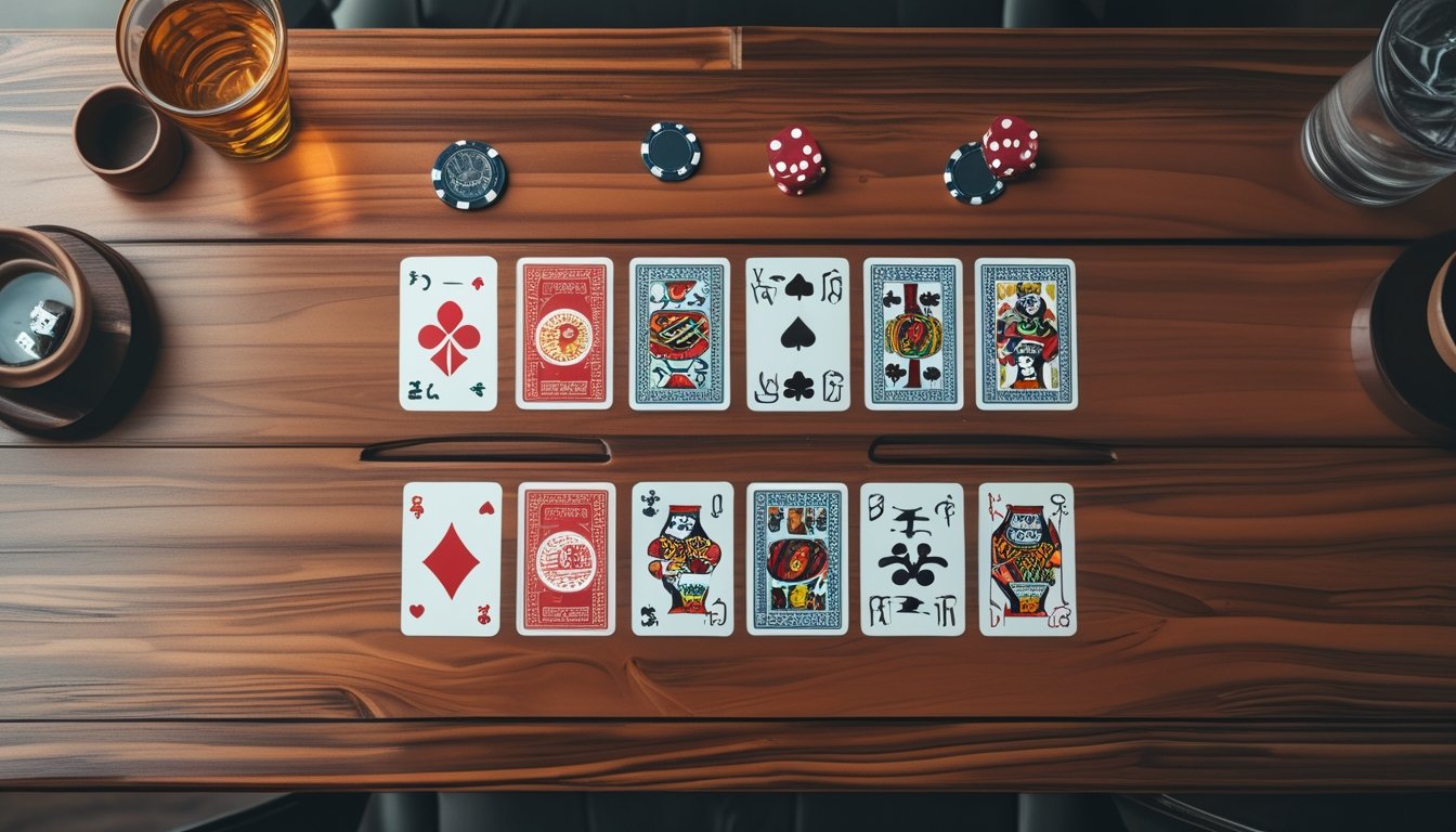 Tata letak tiga baris kartu dalam permainan Chinese Poker di atas meja kayu dengan chip poker dan gelas teh di sampingnya.