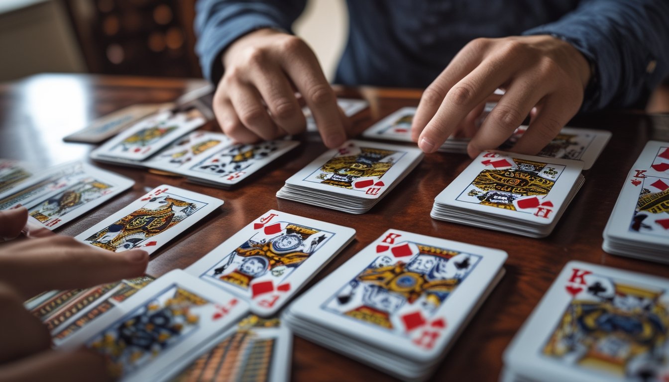 Orang sedang mengatur kartu poker di atas meja kayu dengan tiga baris kartu yang tersusun rapi.